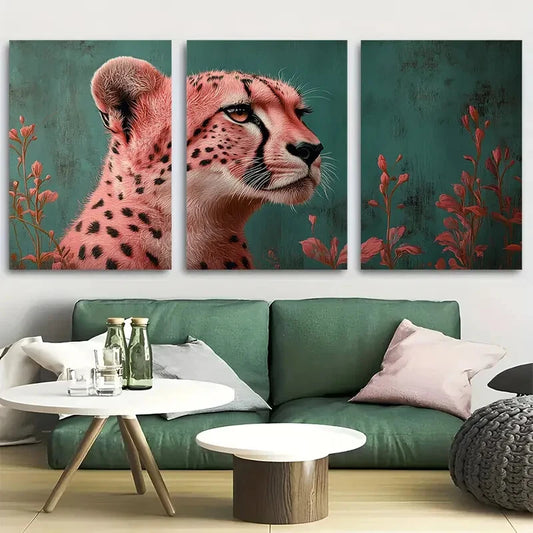 3pcs Pink Cheetah Portrait Emerald Green Metal Print Ready to Hang Art
