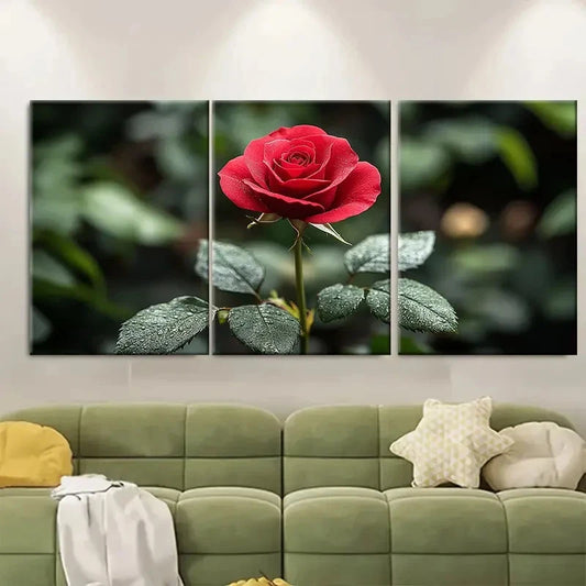 3pcs Elegant Single Red Rose Metal Print Ready to Hang Art