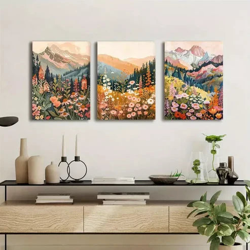 3pcs Floral & Forest Mountain with Wildflowers Canvas Framed 60x90 cm - High Quality Print 100% Australian Made Wall Canvas Ready to Hang