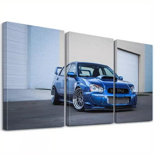 3pcs Classic Retro Minimalist Anime Blue Car Wall Art Set Canvas Framed 50x70cm -  High Quality Print 100% Australian Made Wall Canvas Ready to Hang