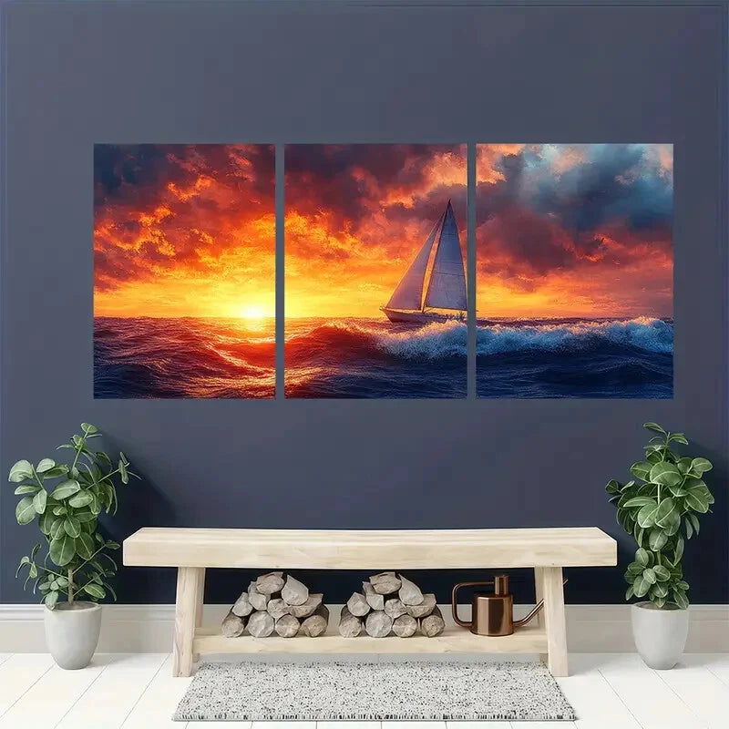 3pcs Minimalist Blue Waves & Sailboat Ocean Metal Print Ready to Hang Art