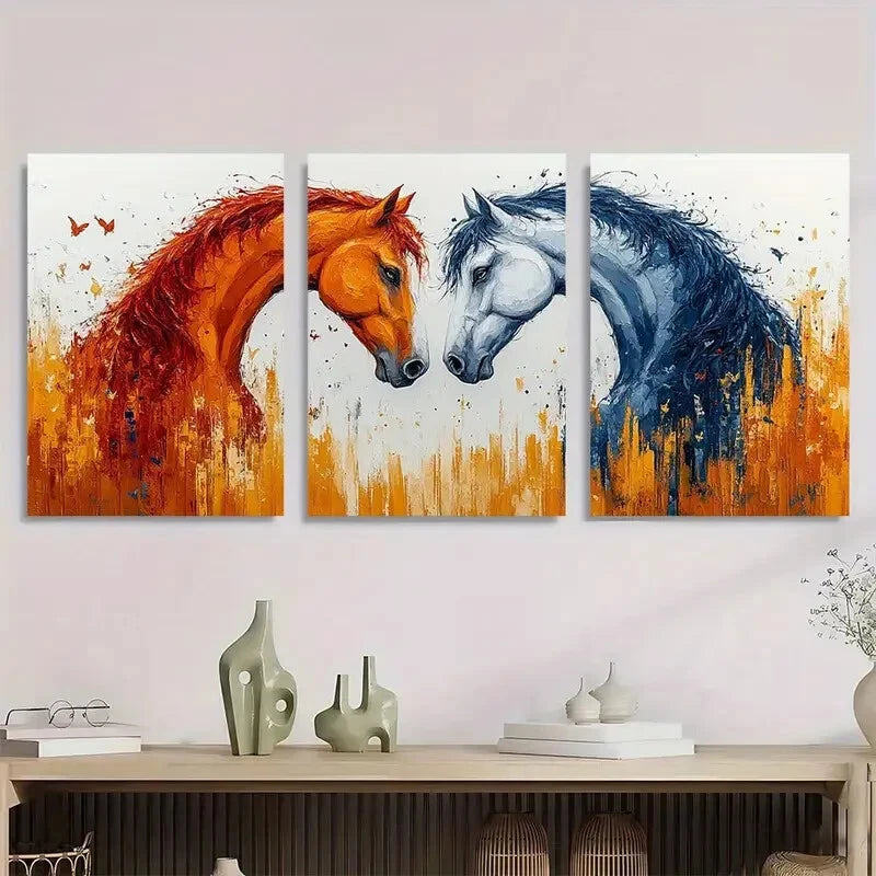3pcs Vibrant Orange White & Blue Horse Heads Metal Print Ready to Hang Art