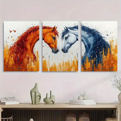 3pcs Vibrant Orange White & Blue Horse Heads Metal Print Ready to Hang Art