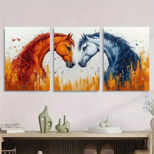 3pcs Vibrant Orange White & Blue Horse Heads Metal Print Ready to Hang Art