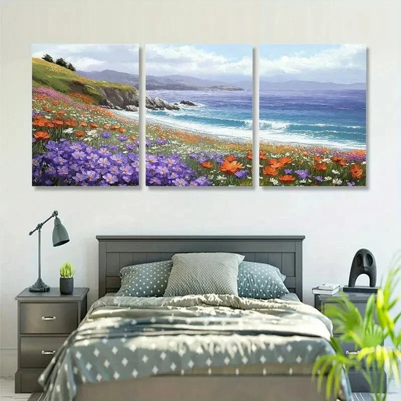 3pcs Vibrant Daisy & Ocean Landscape Metal Print Ready to Hang Art