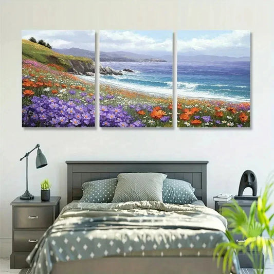 3pcs Vibrant Daisy & Ocean Landscape Metal Print Ready to Hang Art