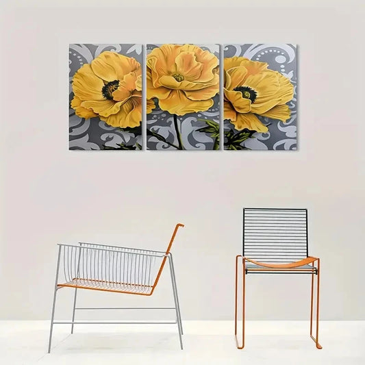 3pcs Golden Poppy Green Leaves Botanical Wall Art Set Canvas Framed 40x60cm - High Quality Print 100% Australian Made Wall Canvas Ready to Hang