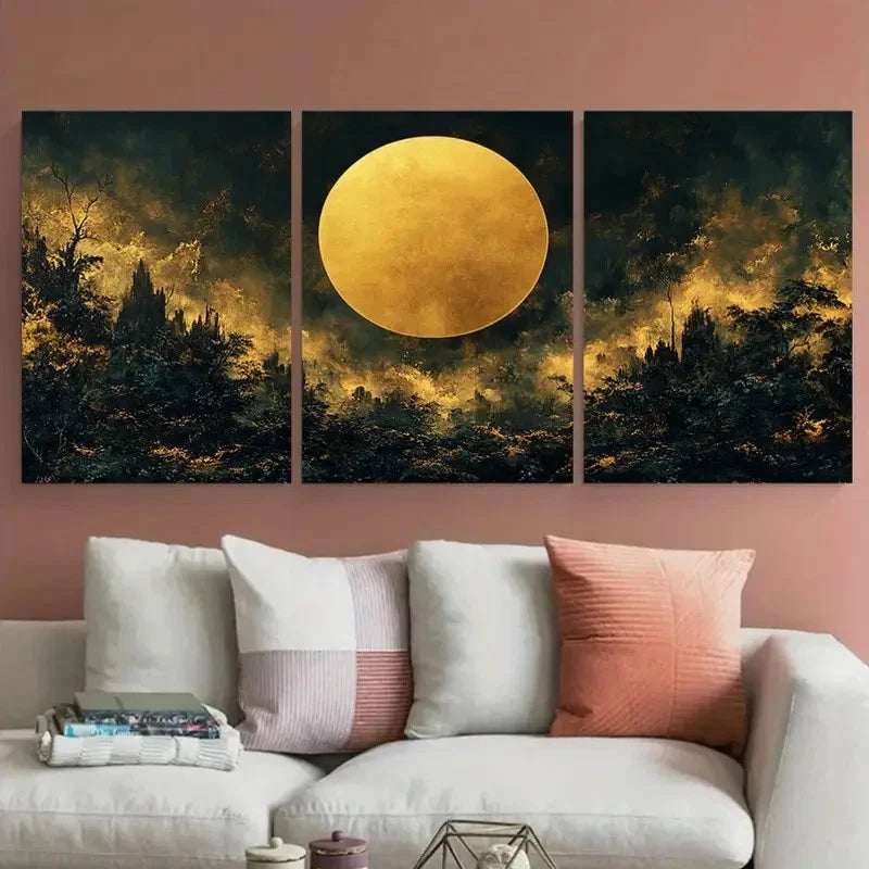 3pcs Abstract Golden Circle with Dark Floral Shape Metal Print Ready to Hang Art