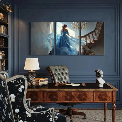 3pcs Elegant Princess Blue Gown Chandelier Metal Print Ready to Hang Art