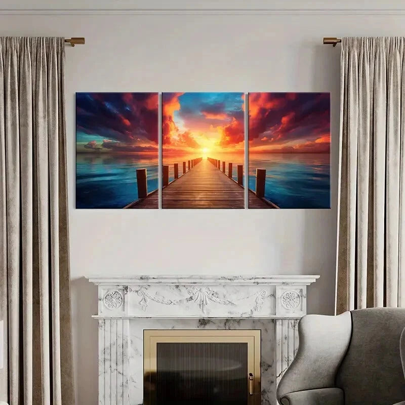 3pcs Sunset Wooden Pier Ocean View Dramatic Metal Print Ready to Hang Art