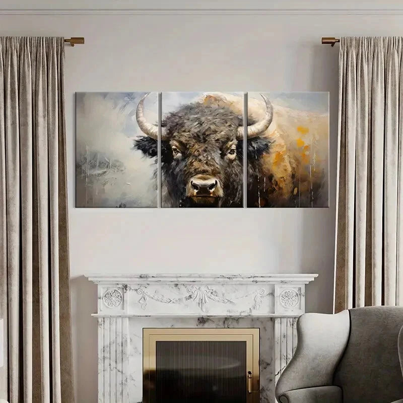 3pcs Abstract Buffalo Art Wildlife Painting Metal Print Ready to Hang Art