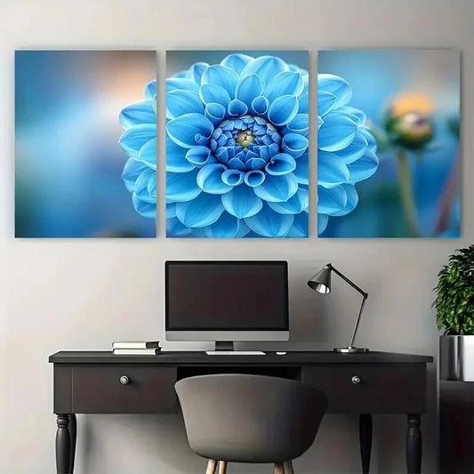3pcs Cyan Blue Dahlia Flower Macro Floral Design Metal Print Ready to Hang Art