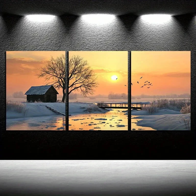 3pcs Vibrant Village after the Snow Metal Print Ready to Hang Art