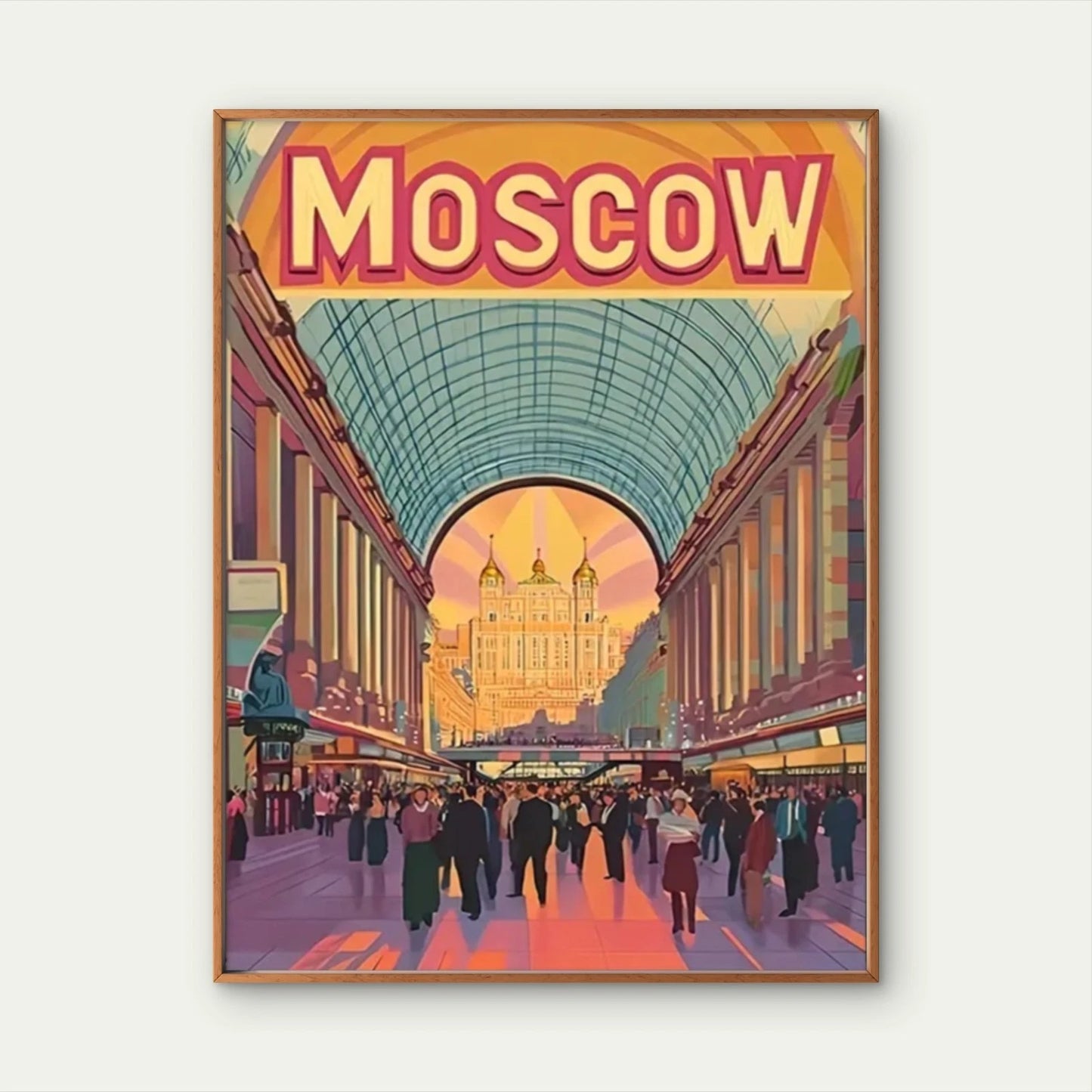 Moscow Retro Metro Map & Red Square Landmarks Travel Poster Print Wall Art