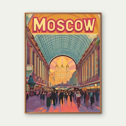 Moscow Retro Metro Map & Red Square Landmarks Travel Poster Print Wall Art