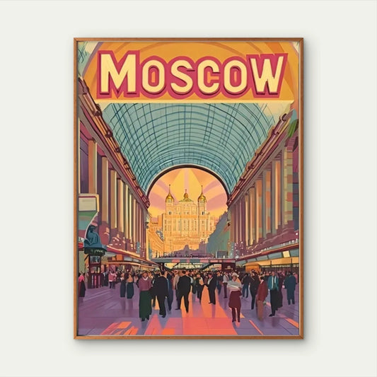 Moscow Retro Metro Map & Red Square Landmarks Travel Poster Print Wall Art
