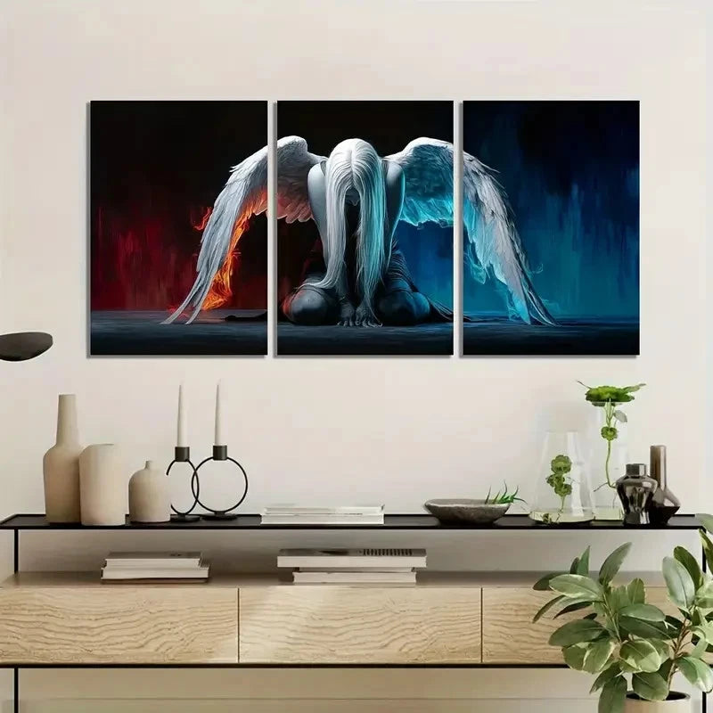 3pcs Woman with Long White Hair And Large Wings Metal Print Ready to Hang Art