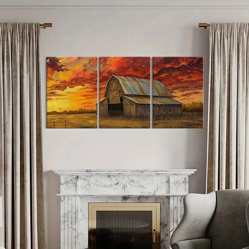 3pcs Rustic Barn Sunset Sky Wooden Structure Metal Print Ready to Hang Art
