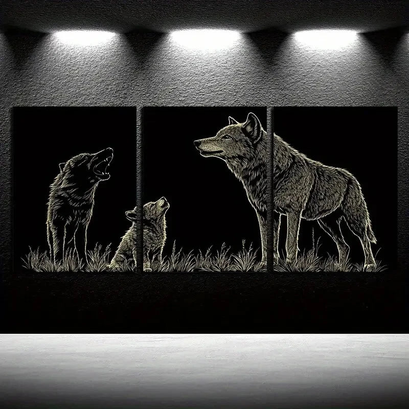 3pcs Wolf Under The Moon Dark Design Metal Print Ready to Hang Art