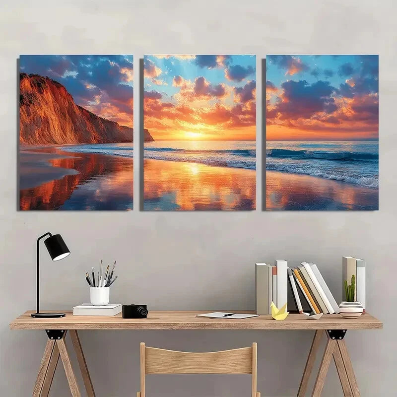 3pcs Scenic Beach Waves & Cliffs Reflections Metal Print Ready to Hang Art
