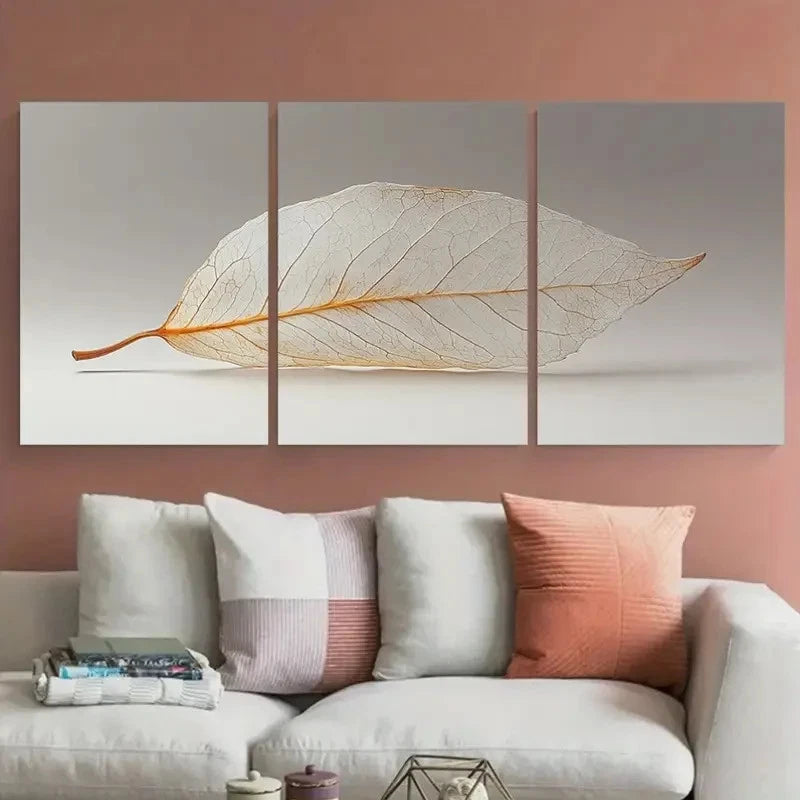 3pcs Minimalist Dried Leaf Neutral Beige and White Metal Print Ready to Hang Art