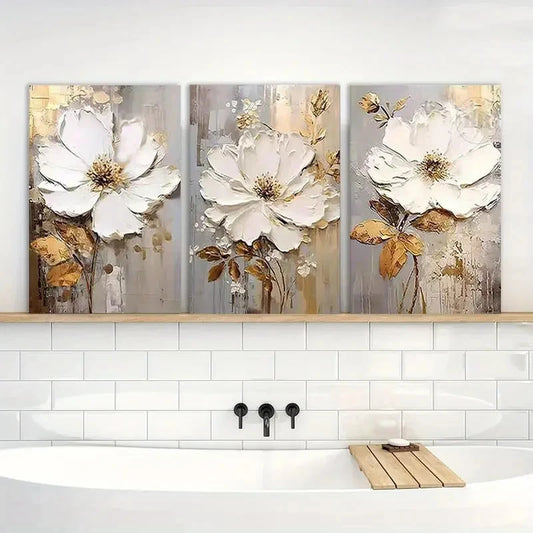 3pcs White Floral Oil Painting Metal Print Ready to Hang Art