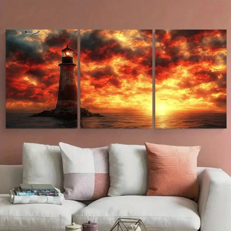 3pcs Weathered Lighthouse Fiery Sky with Seagull Wall Art Set Canvas Framed 40x60cm - High Quality Print 100% Australian Made Wall Canvas Ready to Hang