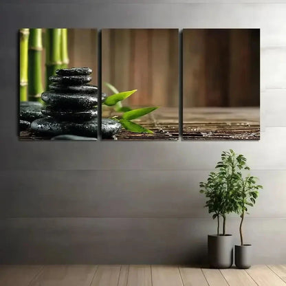 3pcs Black Zen Stones with Bamboo Painting Metal Print Ready to Hang Art