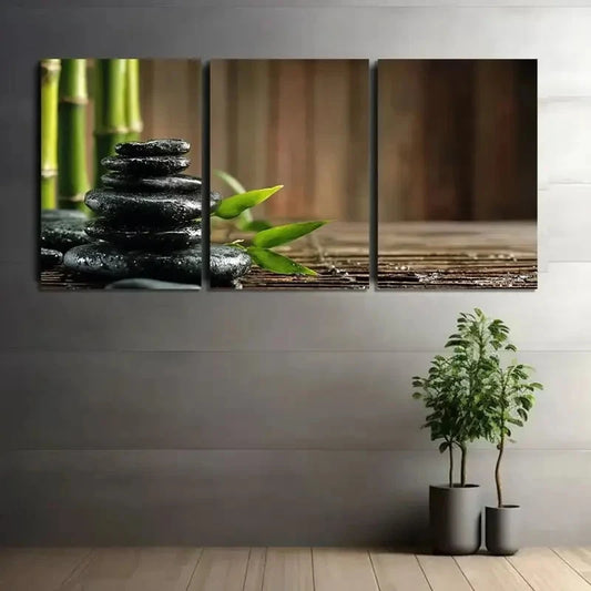 3pcs Black Zen Stones with Bamboo Painting Metal Print Ready to Hang Art