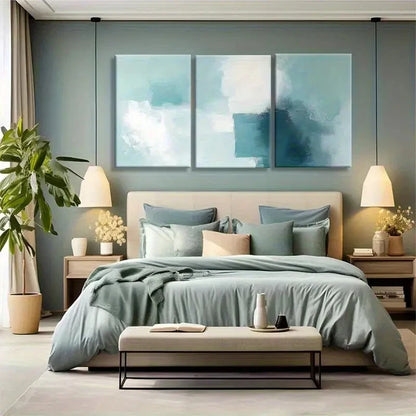 3pcs Abstract Blue-Green Block Wall Art Painting Metal Print Ready to Hang Art