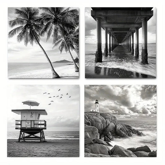 4pcs Back White Beach Florida Coastline Lighthou Wall Art Canvas Framed