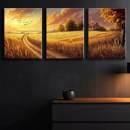 3pcs Serene Sunset Landscape with Farmhouse & Bird Metal Print Ready to Hang Art