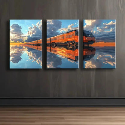 3pcs Orange Train Reflection Scene Wall Art Set Canvas Framed 50x70cm - High Quality Print 100% Australian Made Wall Canvas Ready to Hang