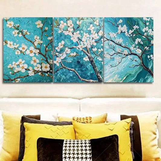 3pcs green and white blossoming Wall Art Set Canvas Framed 50x70cm - High Quality Print 100% Australian Made Wall Canvas Ready to Hang