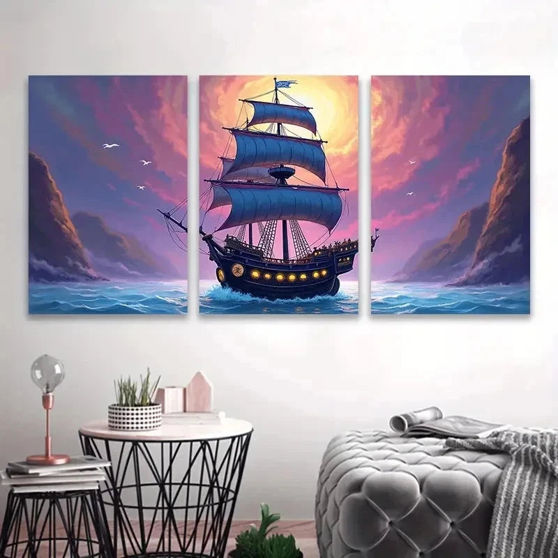 3pcs Sailing Ship at Sunset Wall Art Set Canvas Framed 40x60cm - High Quality Print 100% Australian Made Wall Canvas Ready to Hang