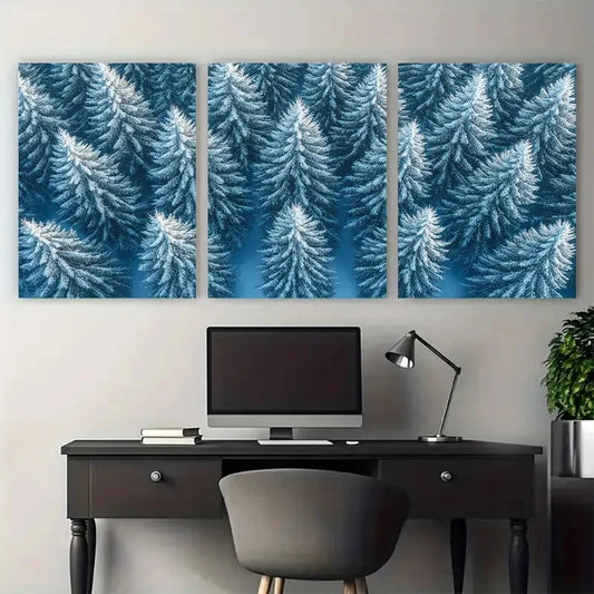3pcs Winter Snow Covered Fir Tree Forest Aerial Metal Print Ready to Hang Art