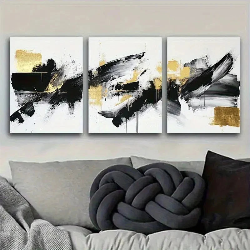 3pcs Abstract Black and Golden Penstroke Design Metal Print Ready to Hang Art