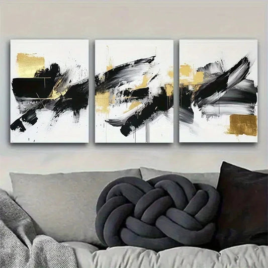 3pcs Abstract Black and Golden Penstroke Design Metal Print Ready to Hang Art