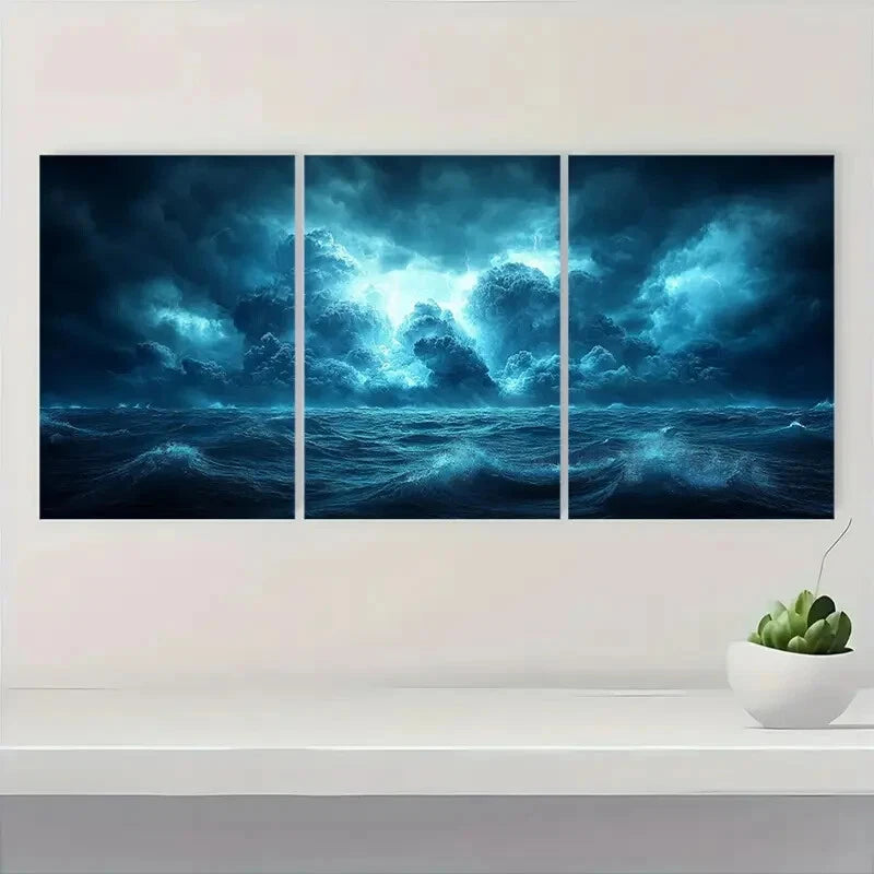 3pcs Dark Indigo & Stormy Gray Sky Ocean Waves Metal Print Ready to Hang Art