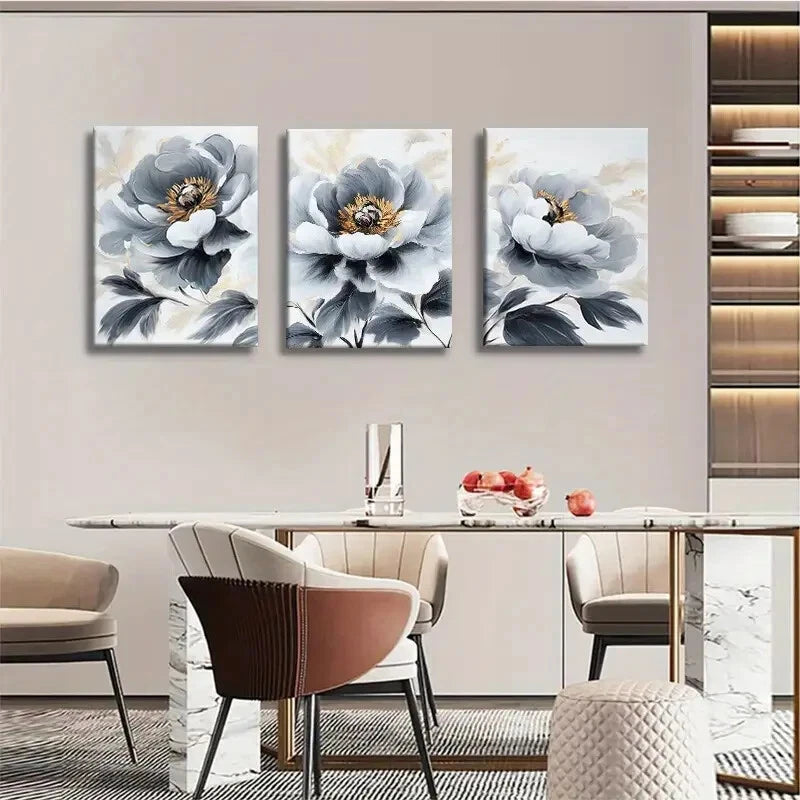3pcs Elegant Peony Floral White and Golden Metal Print Ready to Hang Art