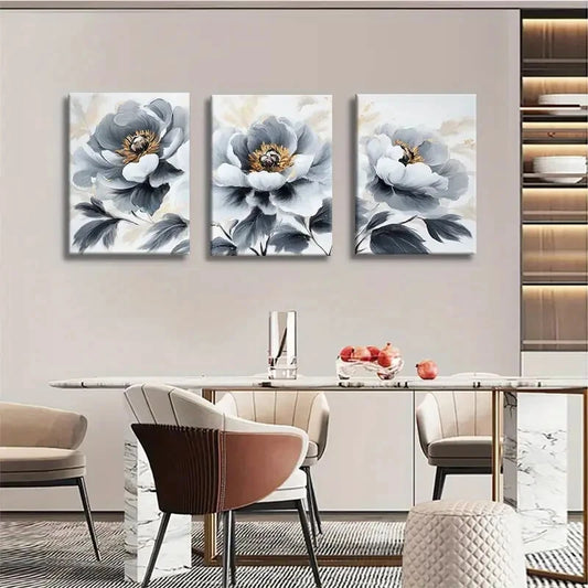 3pcs Elegant Peony Floral White and Golden Metal Print Ready to Hang Art