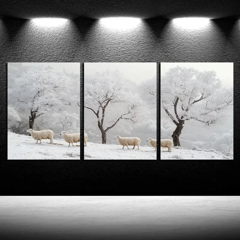 3pcs Flock of Sheep in Snow Metal Print Ready to Hang Art