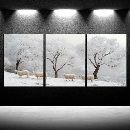 3pcs Flock of Sheep in Snow Metal Print Ready to Hang Art
