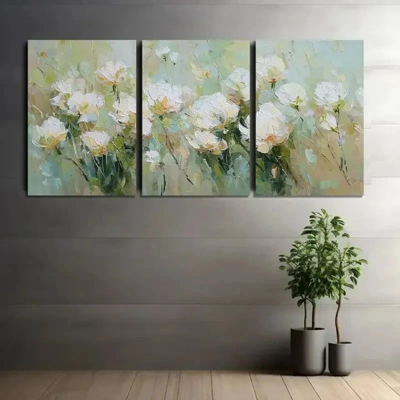 3pcs White Flower Study in Soft Green-Beige Metal Print Ready to Hang Art