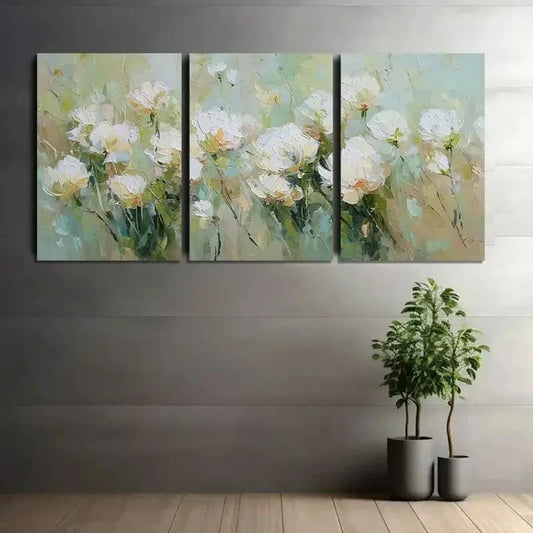 3pcs White Flower Study in Soft Green-Beige Metal Print Ready to Hang Art