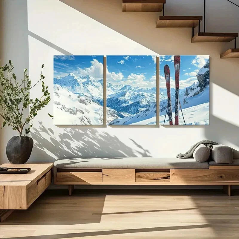 3pcs Alpine Skiing Adventure Snowy Peaks Metal Print Ready to Hang Art