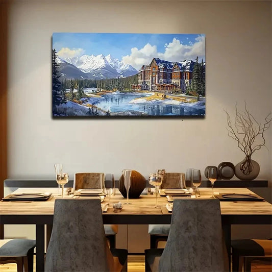 Castle Snow Mountain Lake Wall Art Canvas Office Home Room Framed 120x60cm