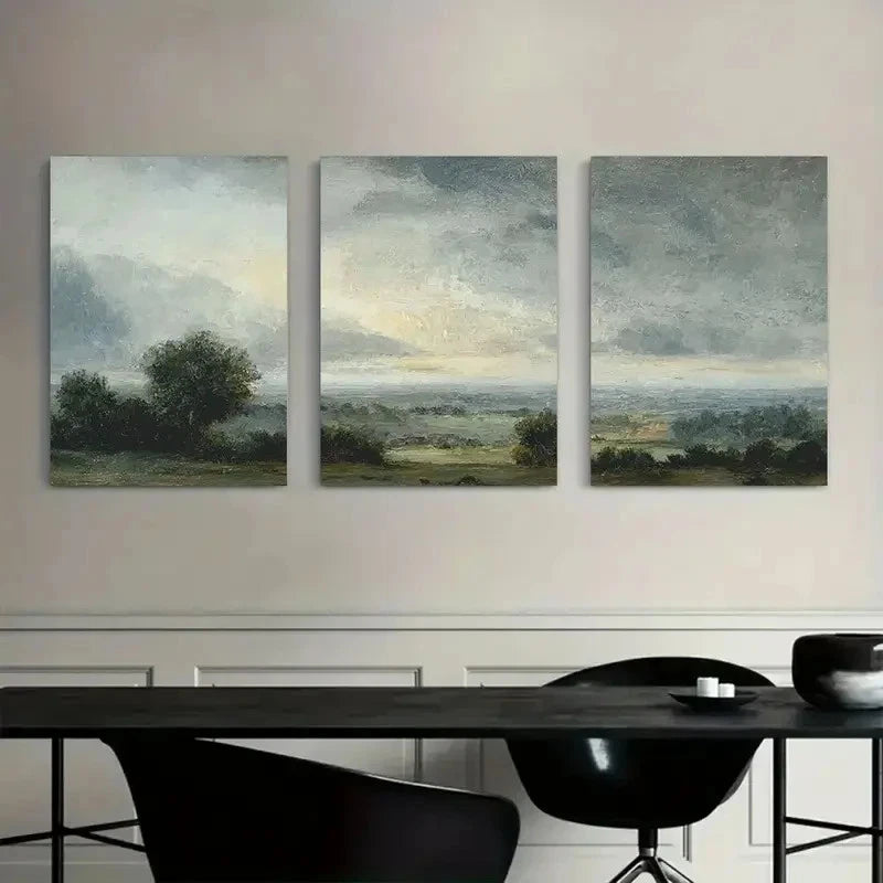 3pcs Muted Color Landscape Paintings Metal Print Ready to Hang Art