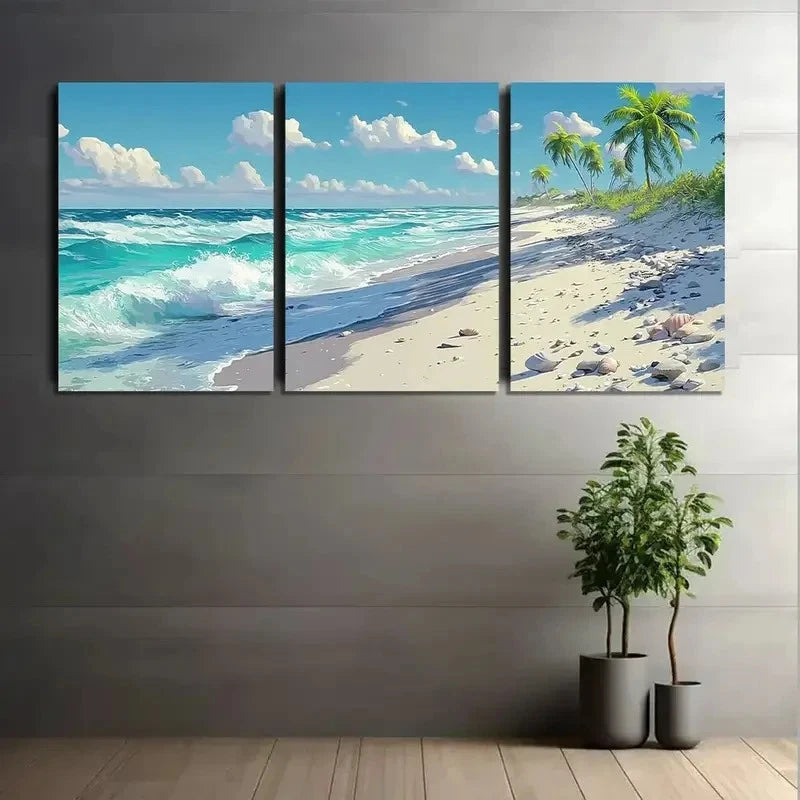 3pcs Beach with White Sand and Palm Trees Metal Print Ready to Hang Art
