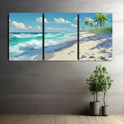 3pcs Beach with White Sand and Palm Trees Metal Print Ready to Hang Art